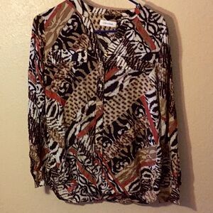 Calvin Klein pretty safari animal print with gold accents throughout blouse size